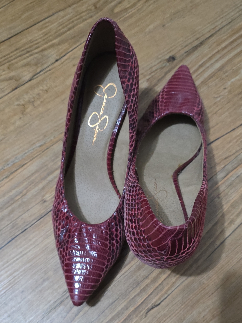 Jessica Simpson Burgundy Snake-Embossed Pointed Flats